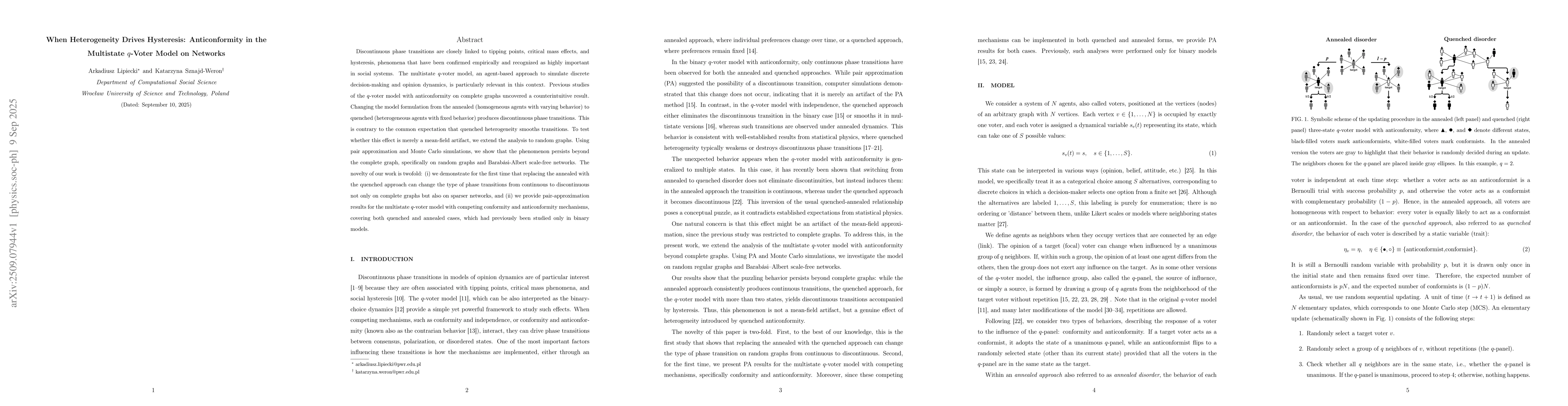 Thumbnail for When Heterogeneity Drives Hysteresis: Anticonformity in the Multistate
  q-Voter Model on Networks