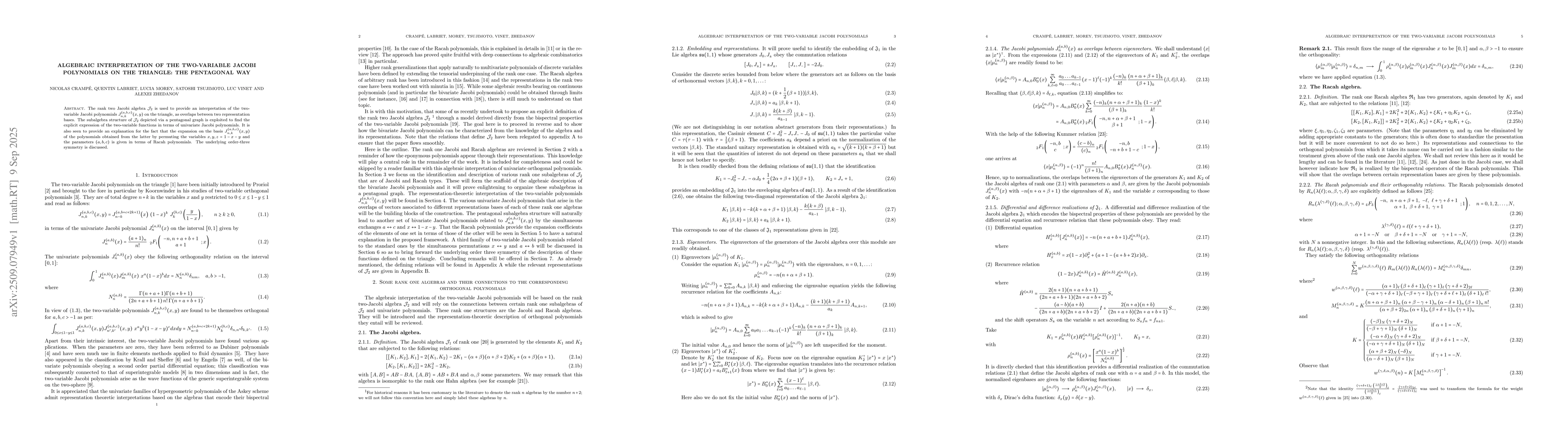 Thumbnail for Algebraic interpretation of the two-variable Jacobi polynomials on the
  triangle: the pentagonal way