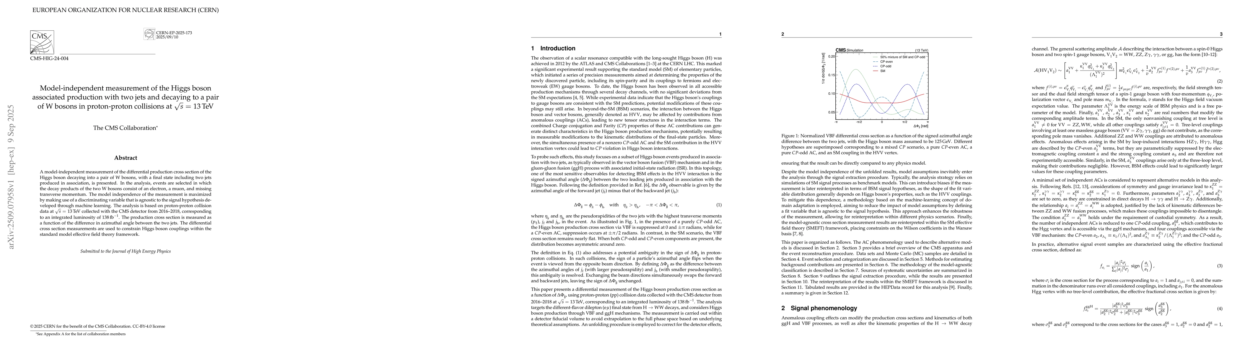 Thumbnail for Model-independent measurement of the Higgs boson associated production
  with two jets and decaying to a pair of W bosons in proton-proton collisions
  at $\sqrt{s}$ = 13 TeV