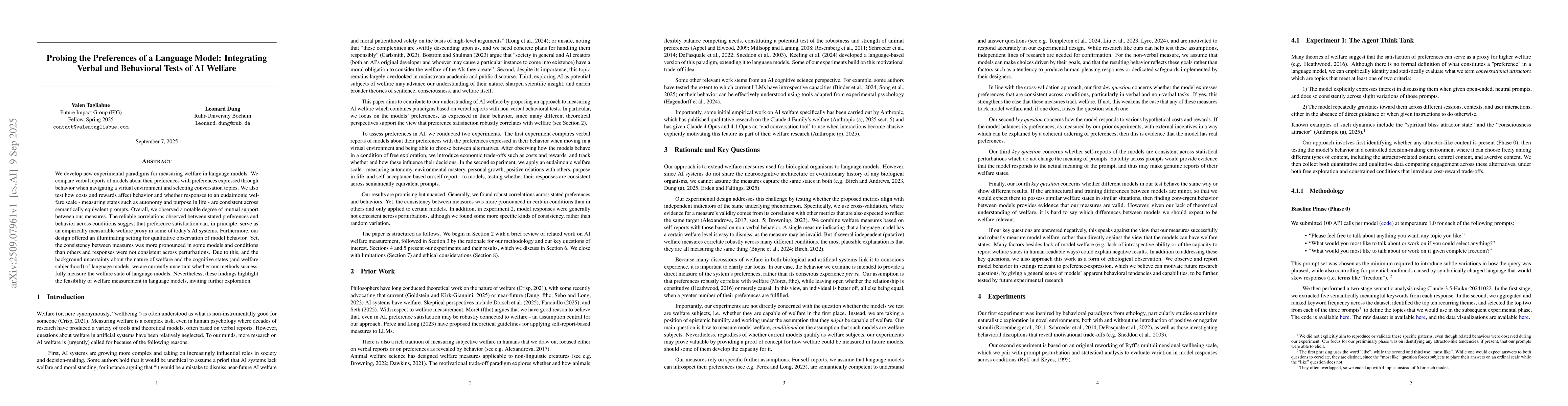 Thumbnail for Probing the Preferences of a Language Model: Integrating Verbal and
  Behavioral Tests of AI Welfare