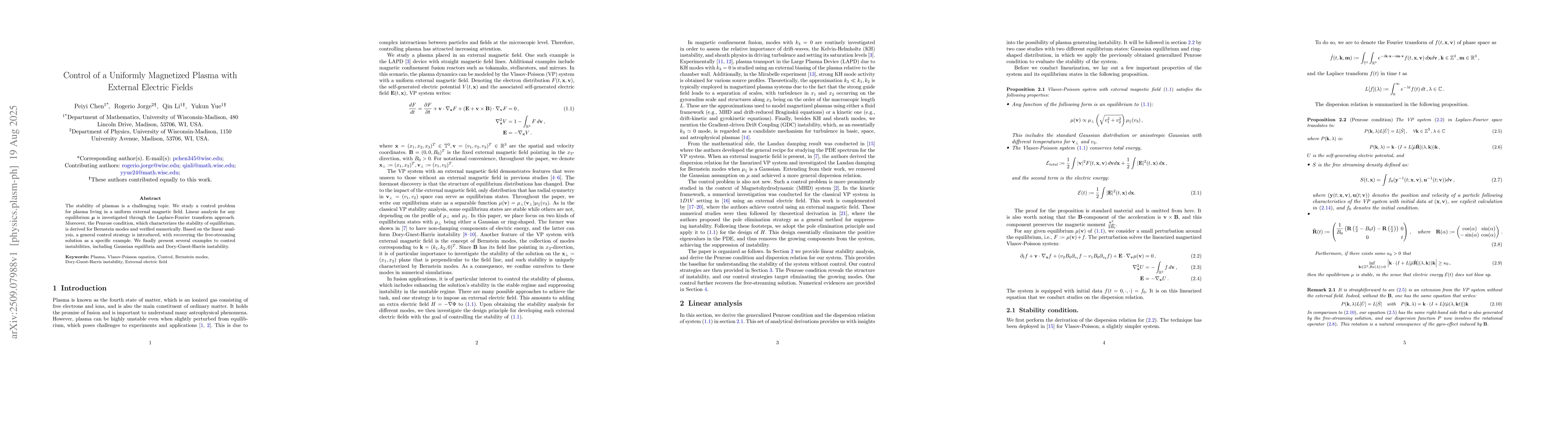 Thumbnail for Control of a Uniformly Magnetized Plasma with External Electric Fields