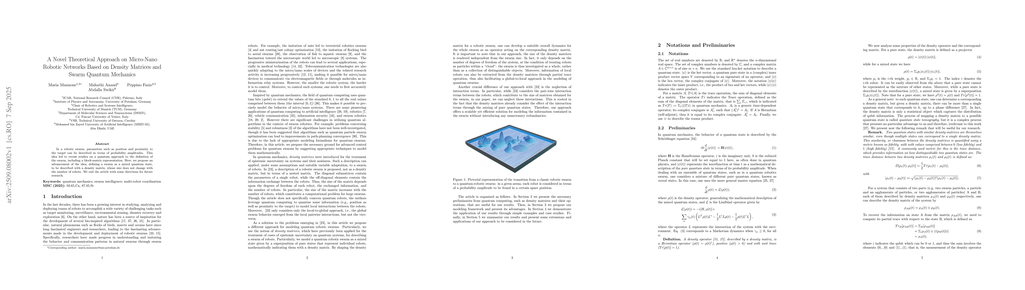 Thumbnail for A Novel Theoretical Approach on Micro-Nano Robotic Networks Based on
  Density Matrices and Swarm Quantum Mechanics