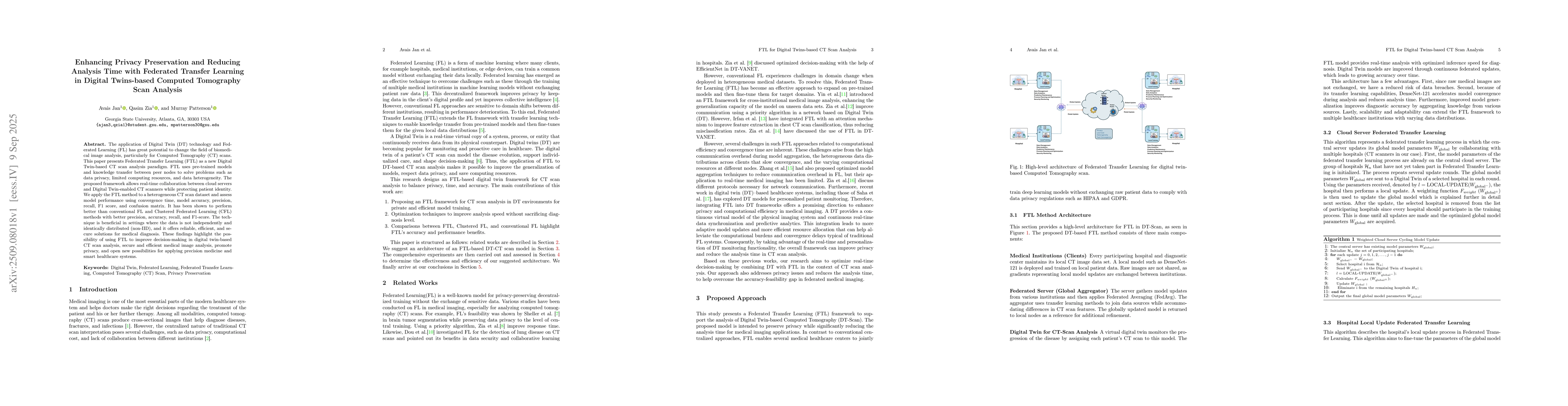 Thumbnail for Enhancing Privacy Preservation and Reducing Analysis Time with Federated
  Transfer Learning in Digital Twins-based Computed Tomography Scan Analysis