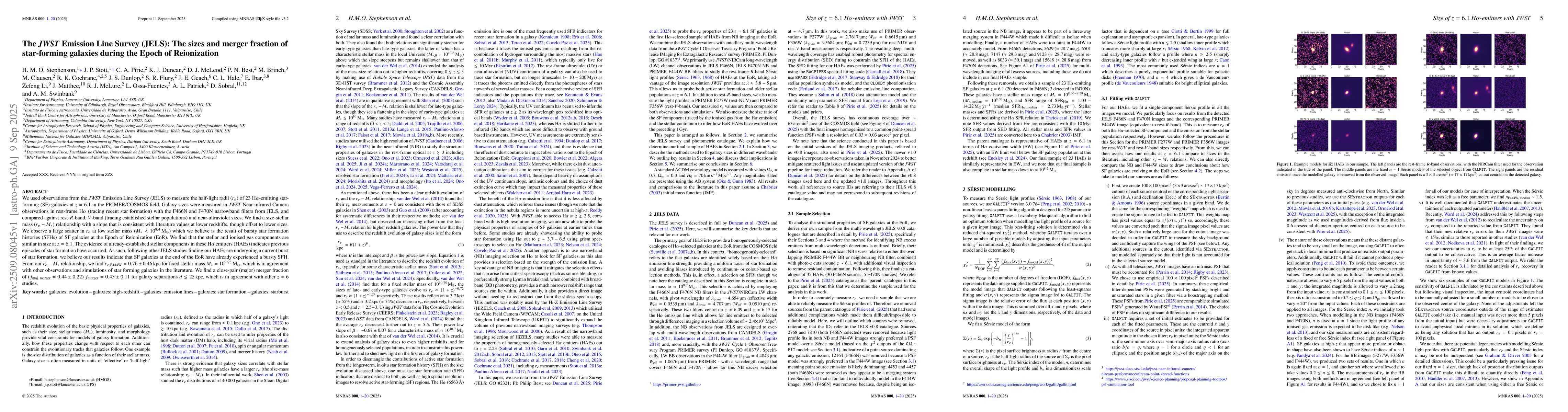 Thumbnail for The \emph{JWST} Emission Line Survey (JELS): The sizes and merger
  fraction of star-forming galaxies during the Epoch of Reionization