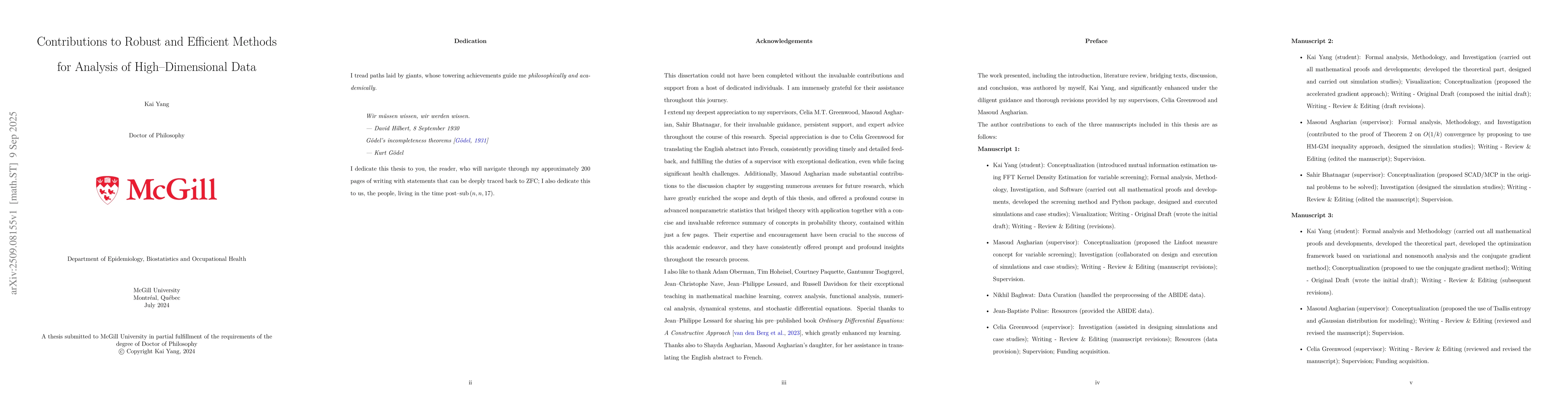 Thumbnail for Contributions to Robust and Efficient Methods for Analysis of High
  Dimensional Data