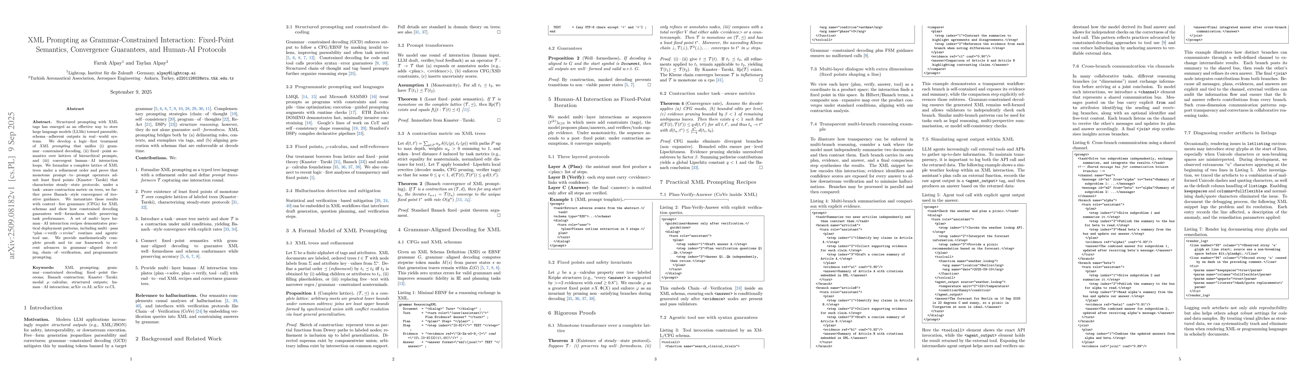 Thumbnail for XML Prompting as Grammar-Constrained Interaction: Fixed-Point Semantics,
  Convergence Guarantees, and Human-AI Protocols