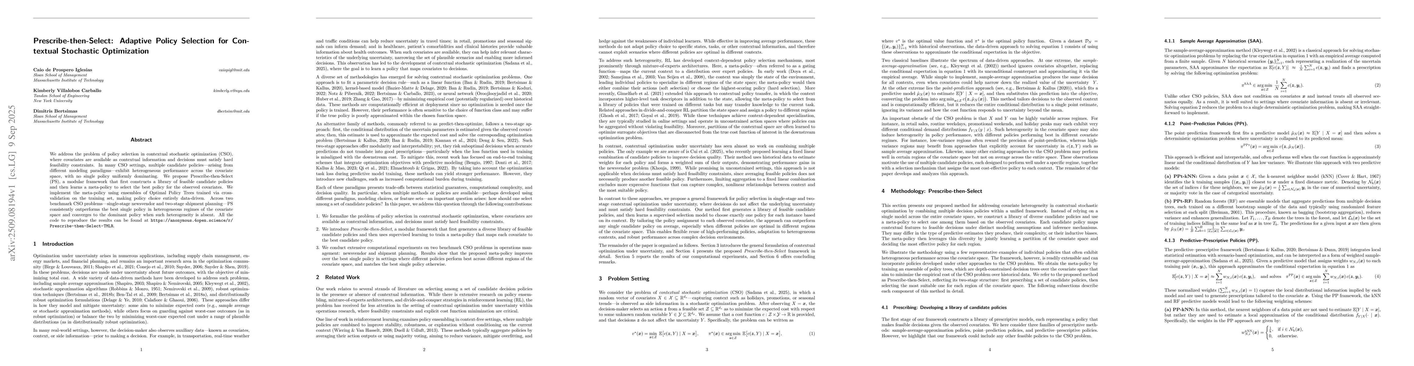 Thumbnail for Prescribe-then-Select: Adaptive Policy Selection for Contextual
  Stochastic Optimization
