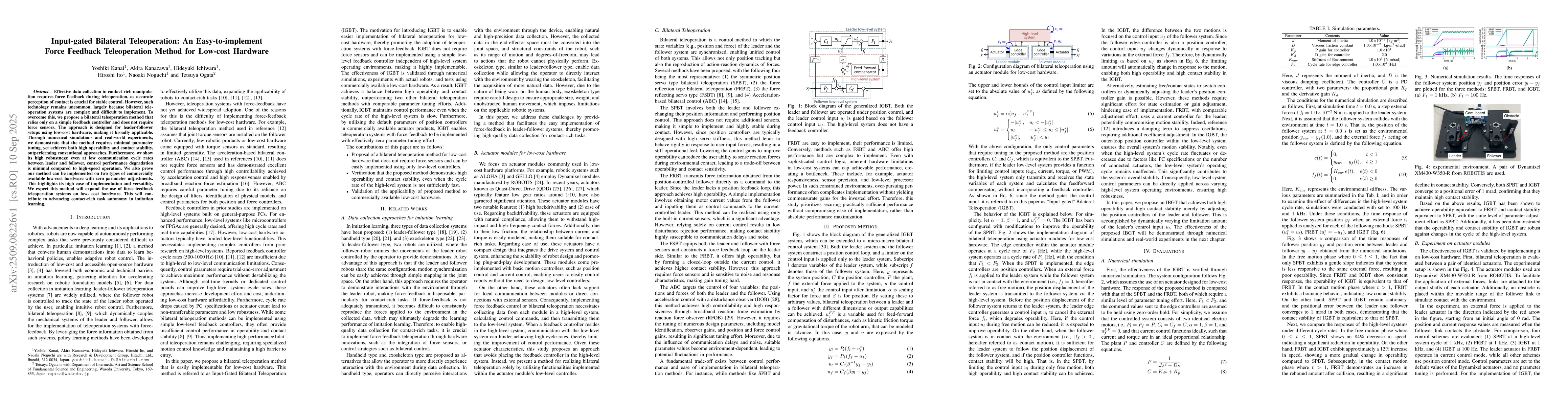 Thumbnail for Input-gated Bilateral Teleoperation: An Easy-to-implement Force Feedback
  Teleoperation Method for Low-cost Hardware