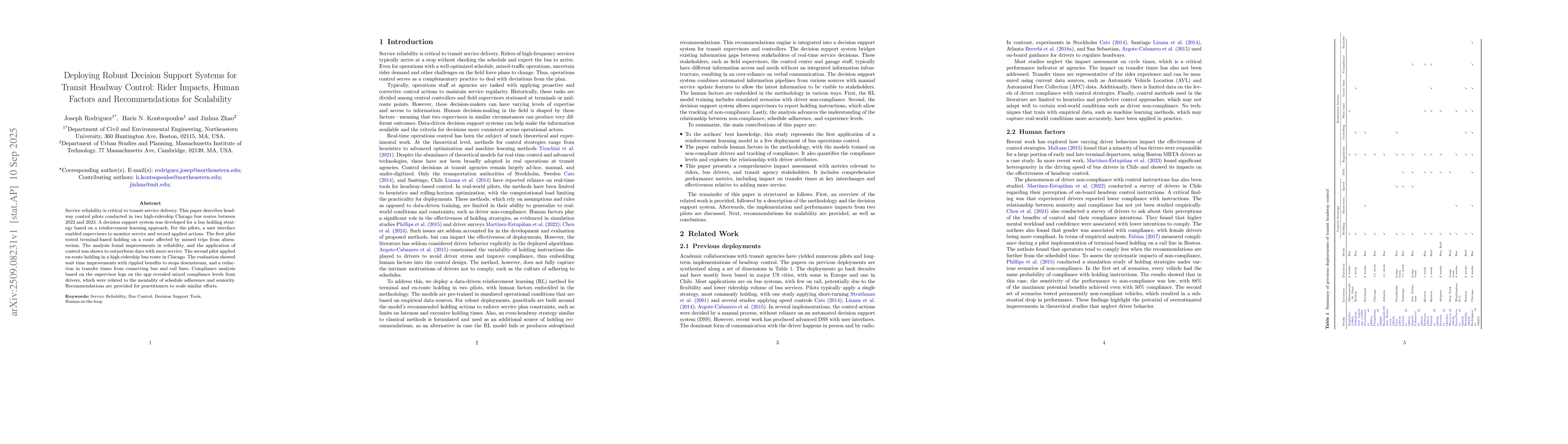 Thumbnail for Deploying Robust Decision Support Systems for Transit Headway Control:
  Rider Impacts, Human Factors and Recommendations for Scalability