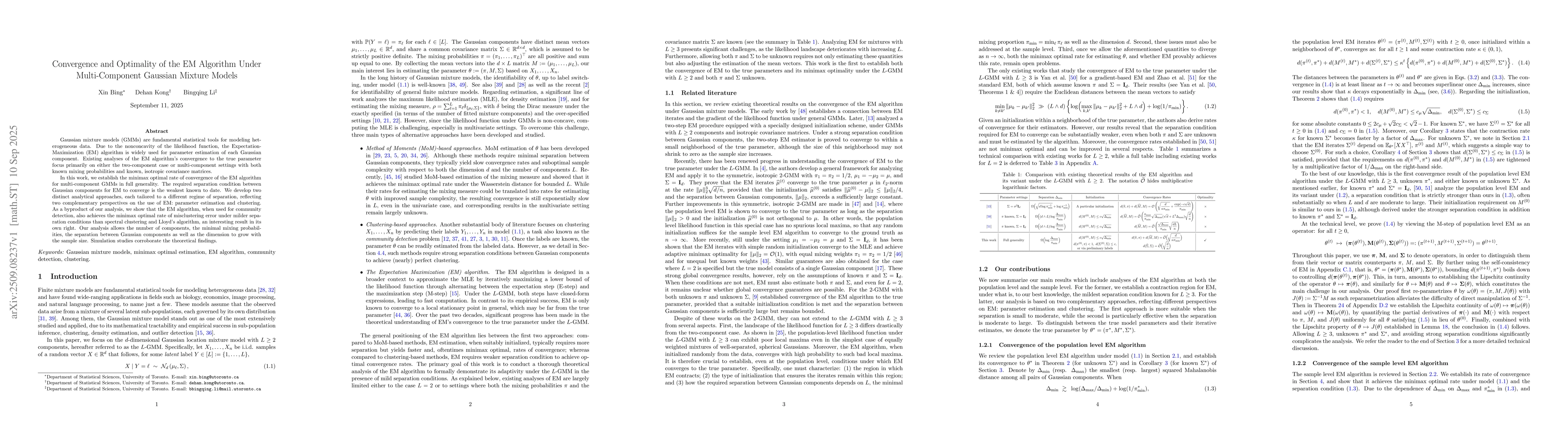 Thumbnail for Convergence and Optimality of the EM Algorithm Under Multi-Component
  Gaussian Mixture Models