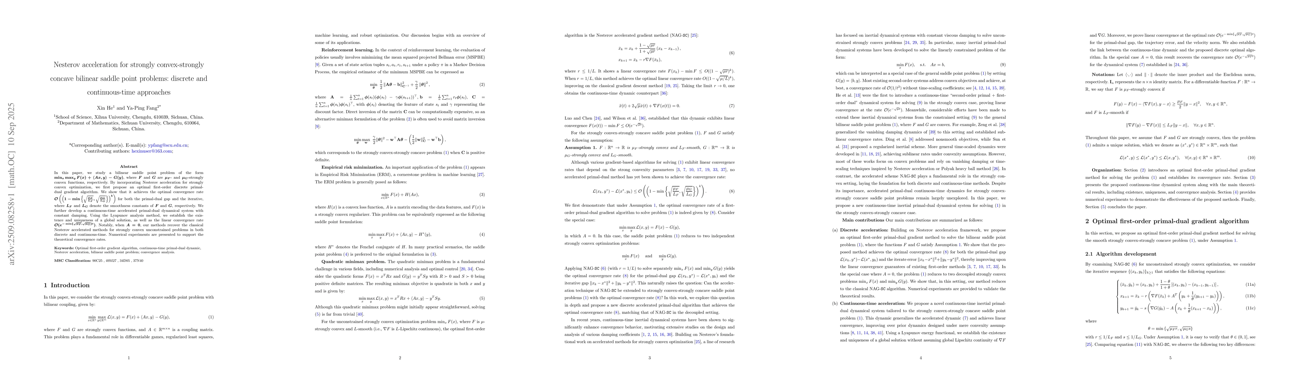 Thumbnail for Nesterov acceleration for strongly convex-strongly concave bilinear
  saddle point problems: discrete and continuous-time approaches