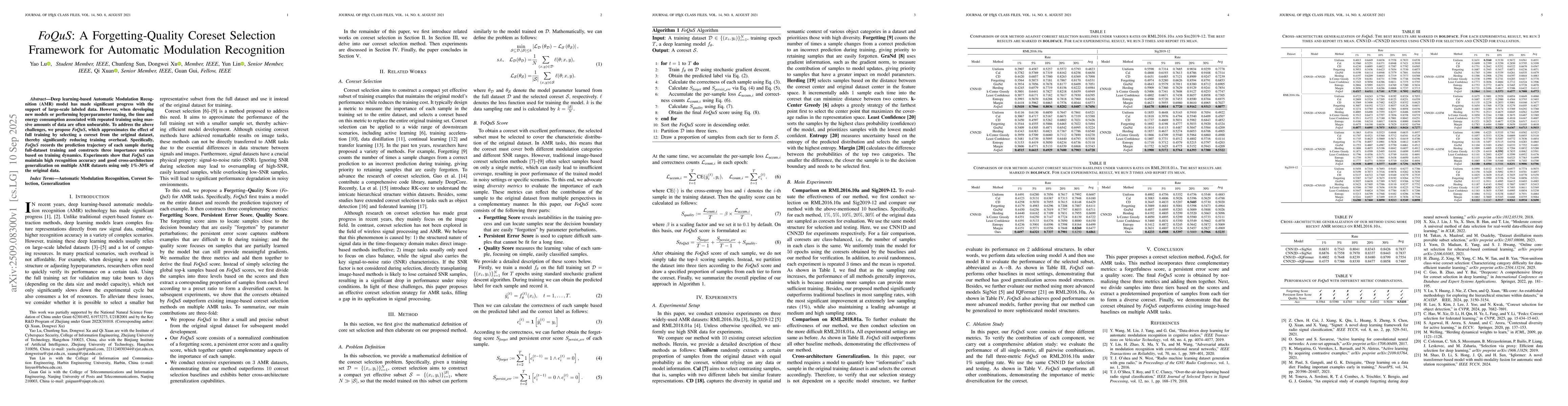 Thumbnail for \emph{FoQuS}: A Forgetting-Quality Coreset Selection Framework for
  Automatic Modulation Recognition