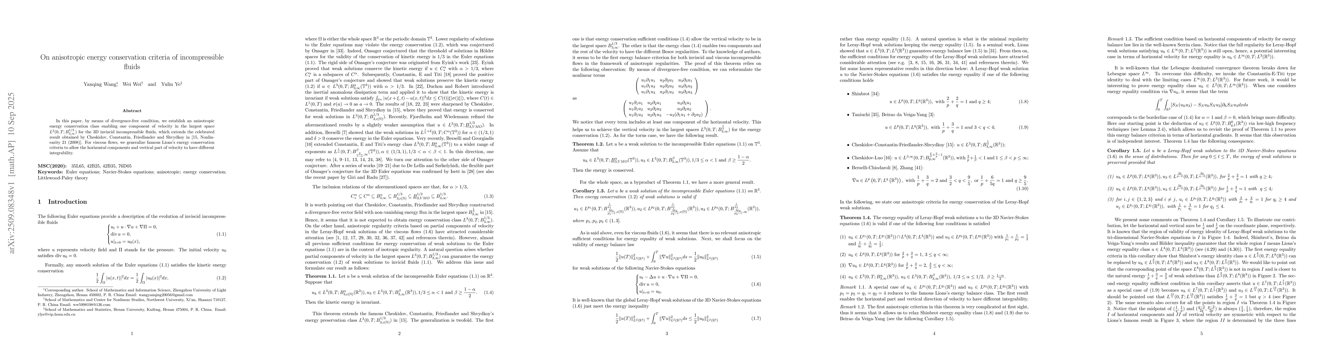 Thumbnail for On anisotropic energy conservation criteria of incompressible fluids