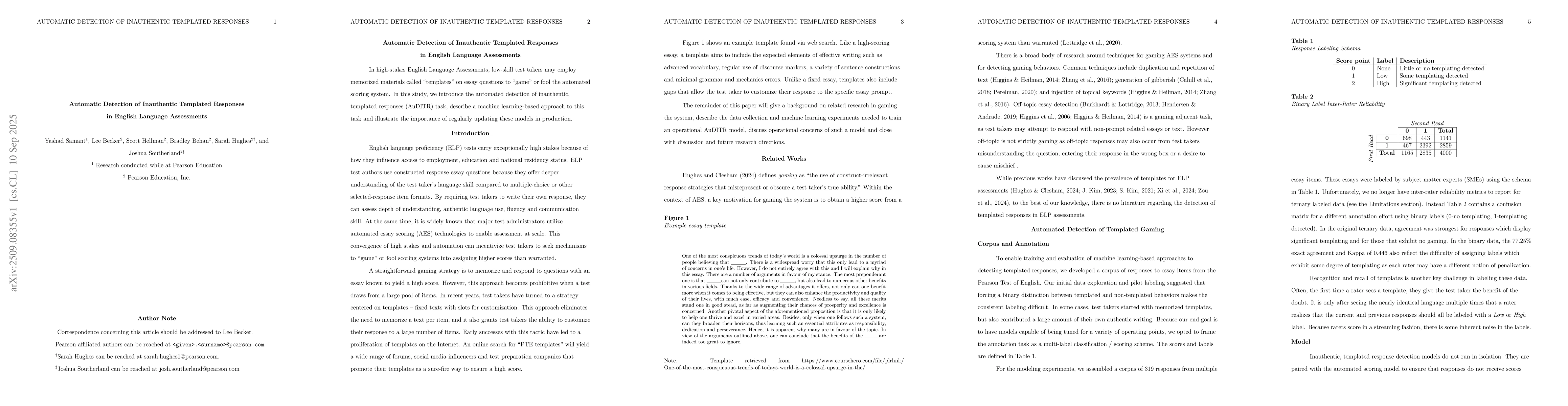 Thumbnail for Automatic Detection of Inauthentic Templated Responses in English
  Language Assessments