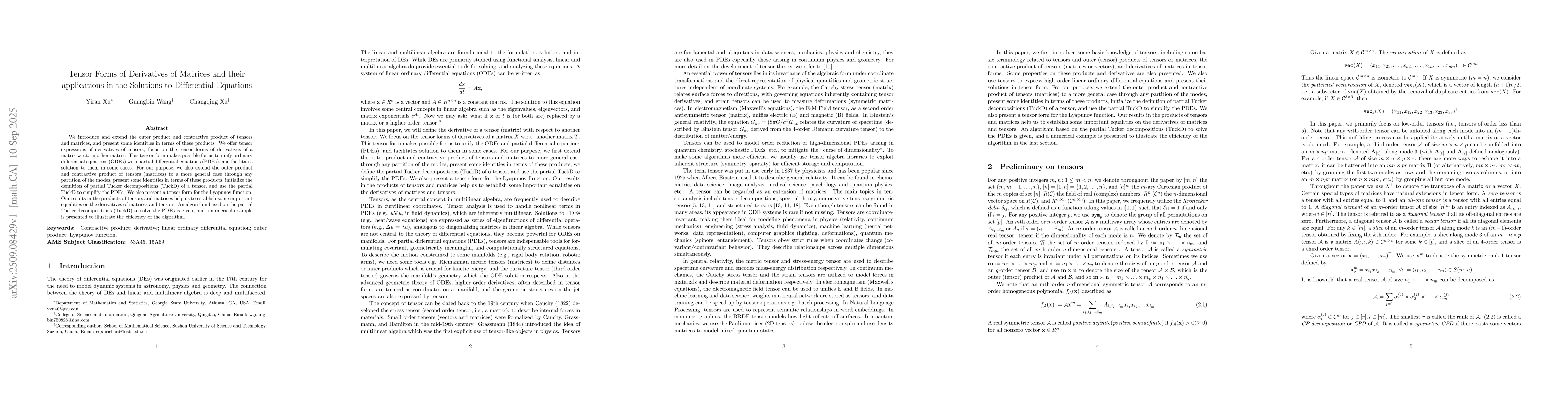 Thumbnail for Tensor Forms of Derivatives of Matrices and their applications in the
  Solutions to Differential Equations