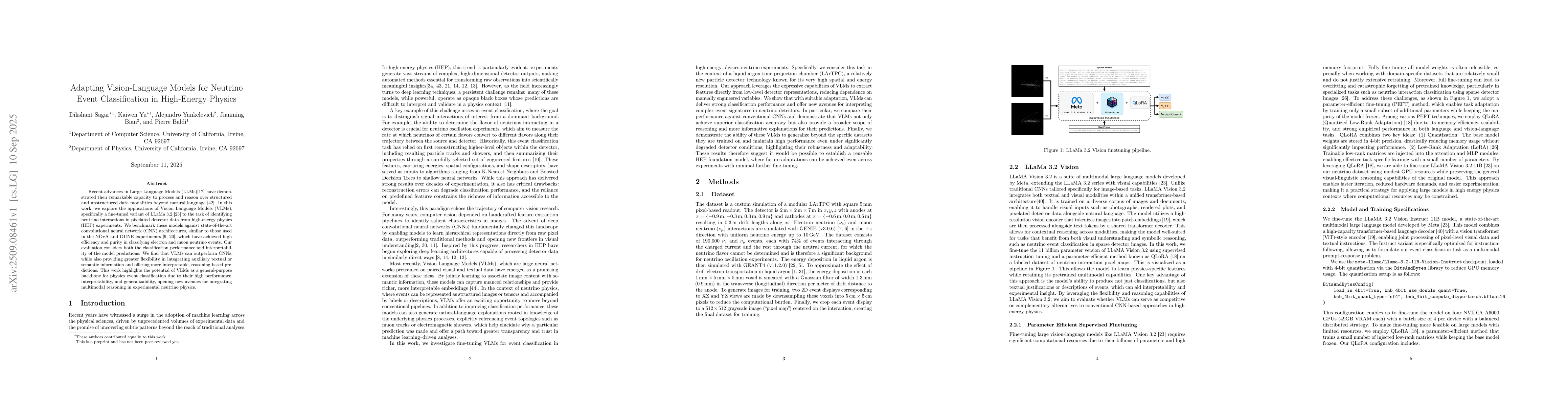 Thumbnail for Adapting Vision-Language Models for Neutrino Event Classification in
  High-Energy Physics