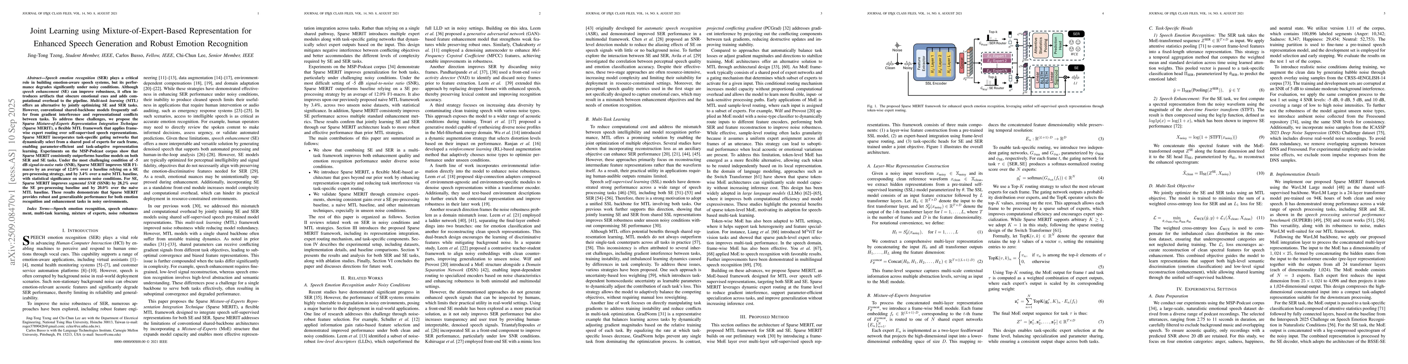 Thumbnail for Joint Learning using Mixture-of-Expert-Based Representation for Enhanced
  Speech Generation and Robust Emotion Recognition