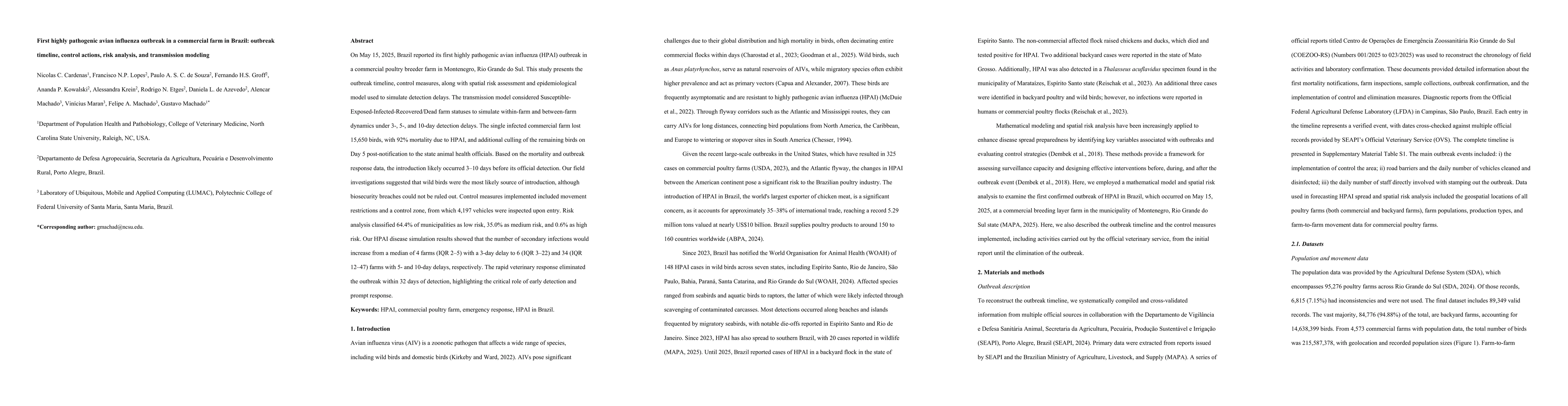 Thumbnail for First highly pathogenic avian influenza outbreak in a commercial farm in
  Brazil: outbreak timeline, control actions, risk analysis, and transmission
  modeling