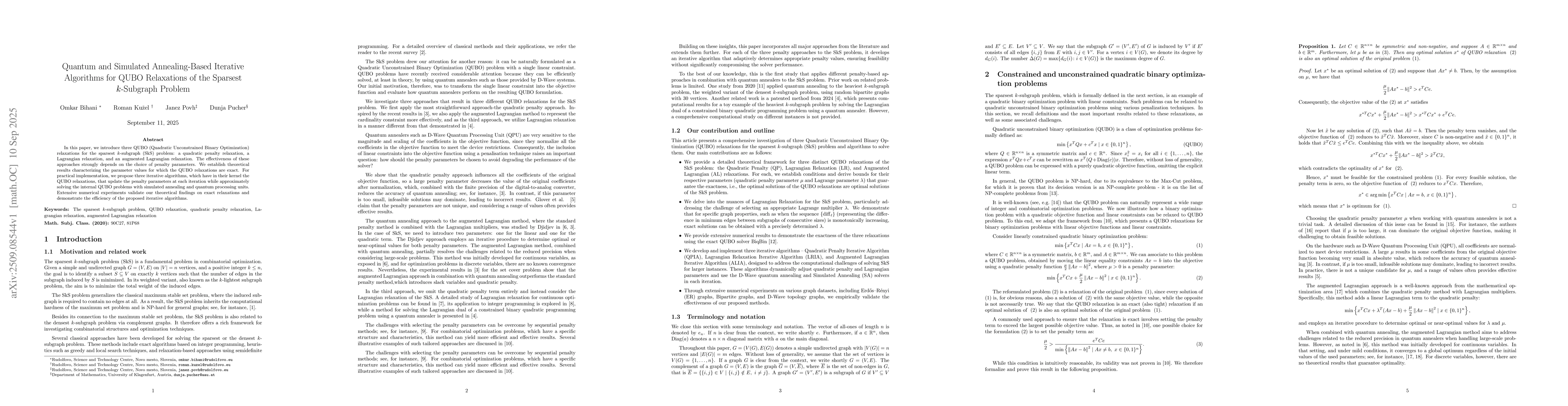 Thumbnail for Quantum and Simulated Annealing-Based Iterative Algorithms for QUBO
  Relaxations of the Sparsest $k$-Subgraph Problem
