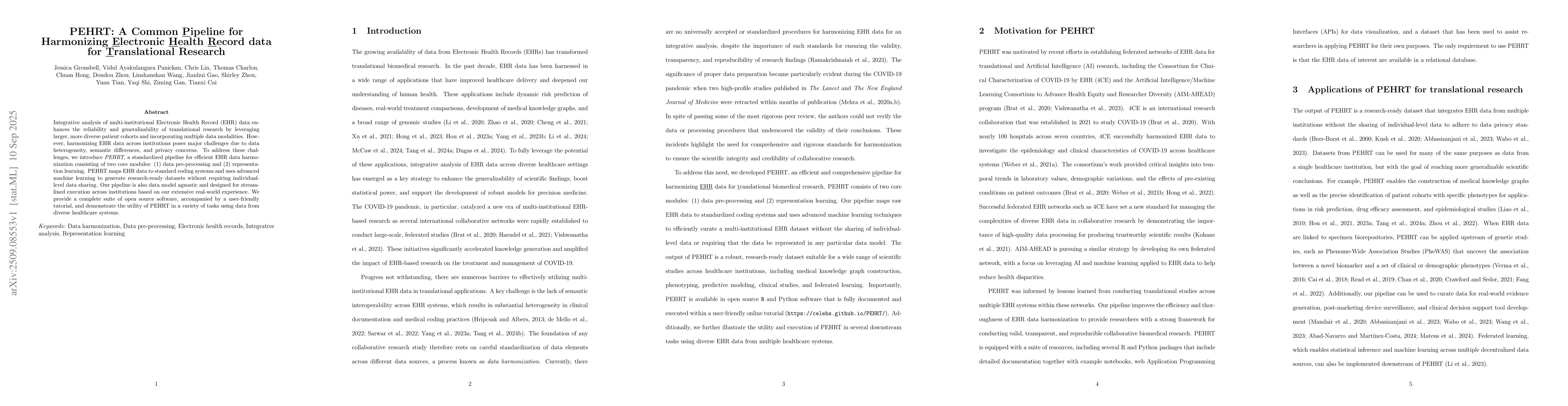 Thumbnail for PEHRT: A Common Pipeline for Harmonizing Electronic Health Record data
  for Translational Research