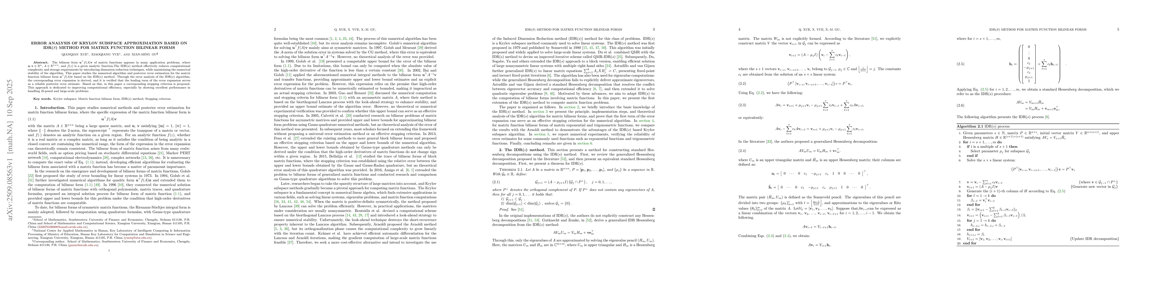 Thumbnail for Error Analysis of Krylov Subspace approximation Based on IDR($s$) Method
  for Matrix Function Bilinear Forms