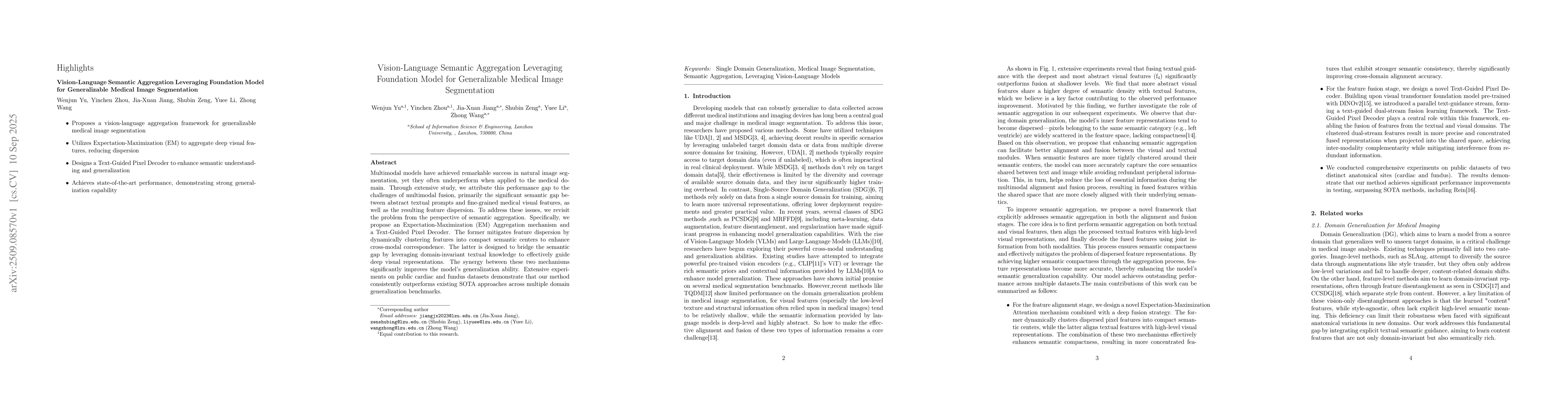 Thumbnail for Vision-Language Semantic Aggregation Leveraging Foundation Model for
  Generalizable Medical Image Segmentation