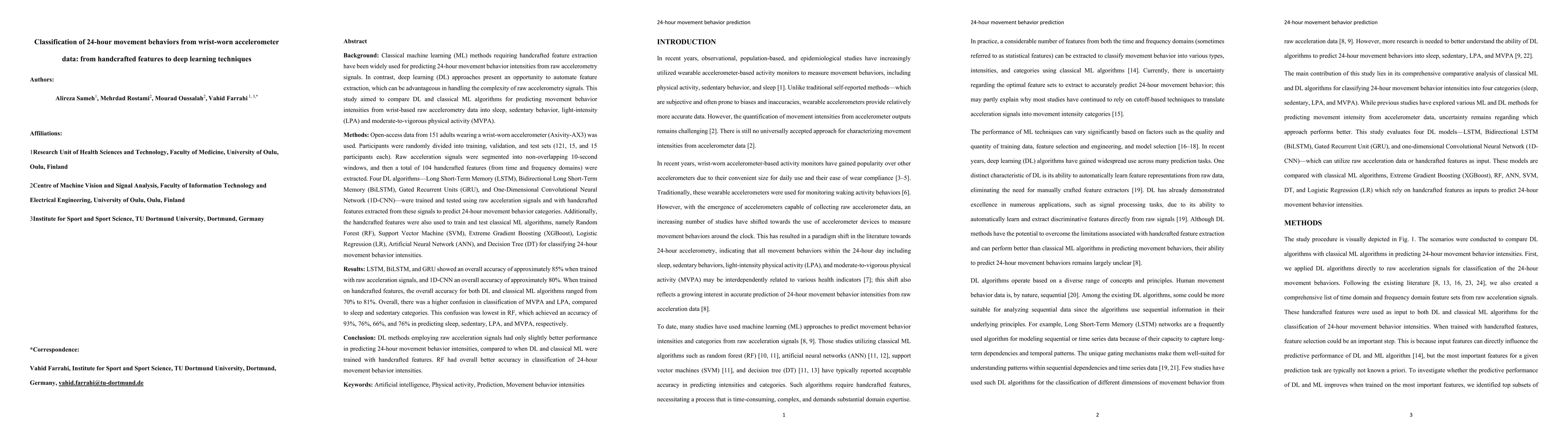 Thumbnail for Classification of 24-hour movement behaviors from wrist-worn
  accelerometer data: from handcrafted features to deep learning techniques