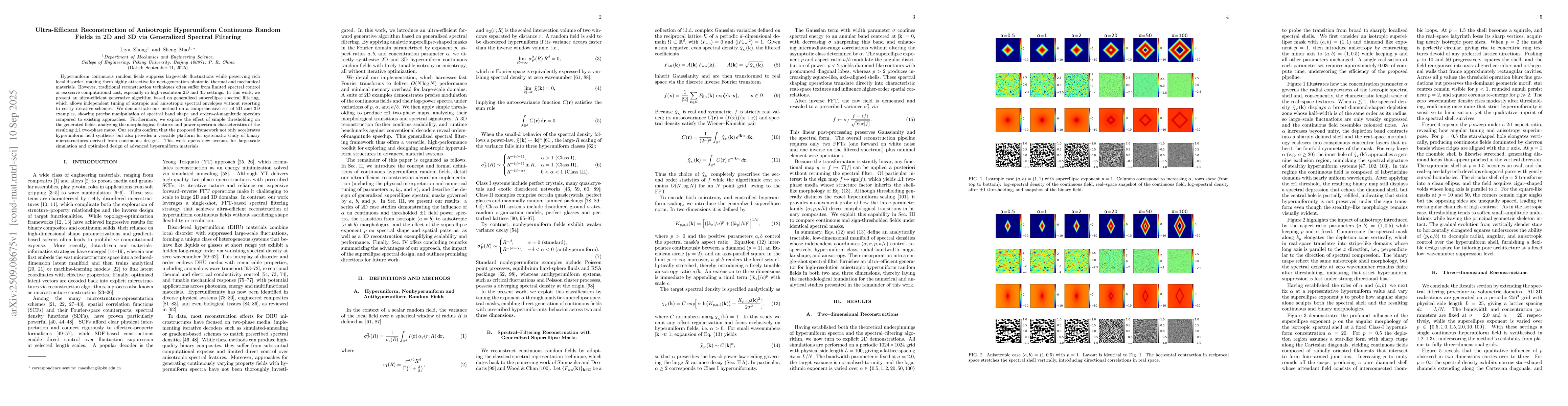 Thumbnail for Ultra-Efficient Reconstruction of Anisotropic Hyperuniform Continuous
  Random Fields in 2D and 3D via Generalized Spectral Filtering