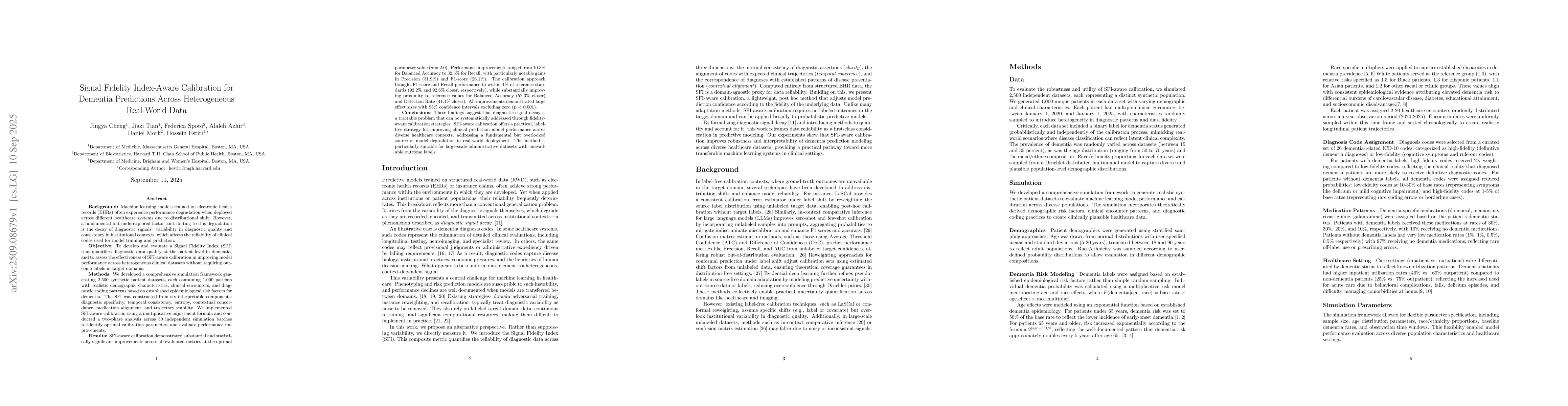 Thumbnail for Signal Fidelity Index-Aware Calibration for Dementia Predictions Across
  Heterogeneous Real-World Data