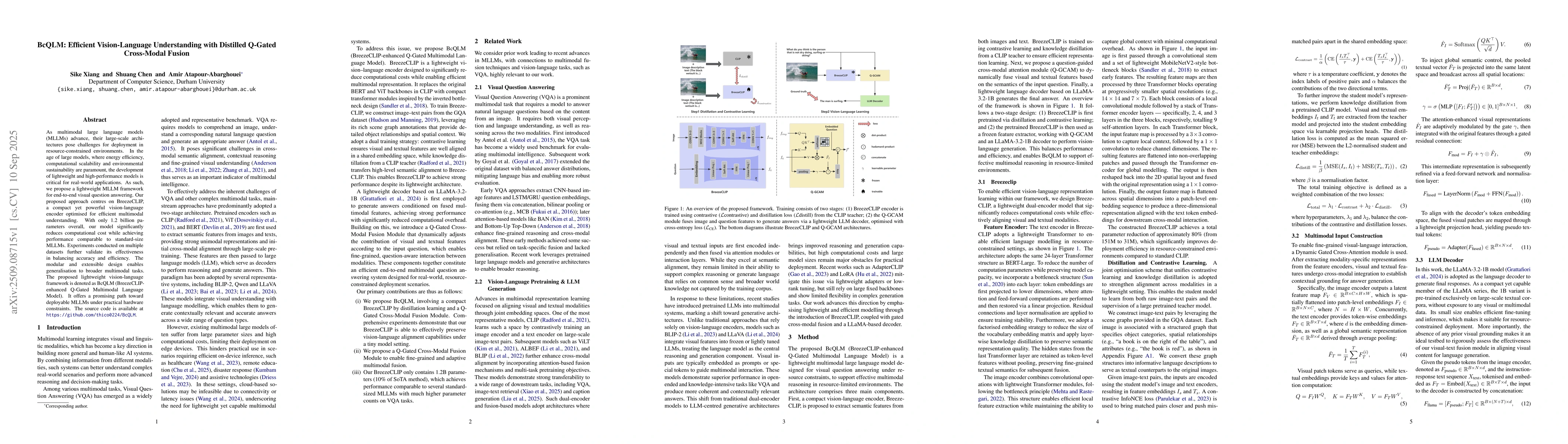 Thumbnail for BcQLM: Efficient Vision-Language Understanding with Distilled Q-Gated
  Cross-Modal Fusion