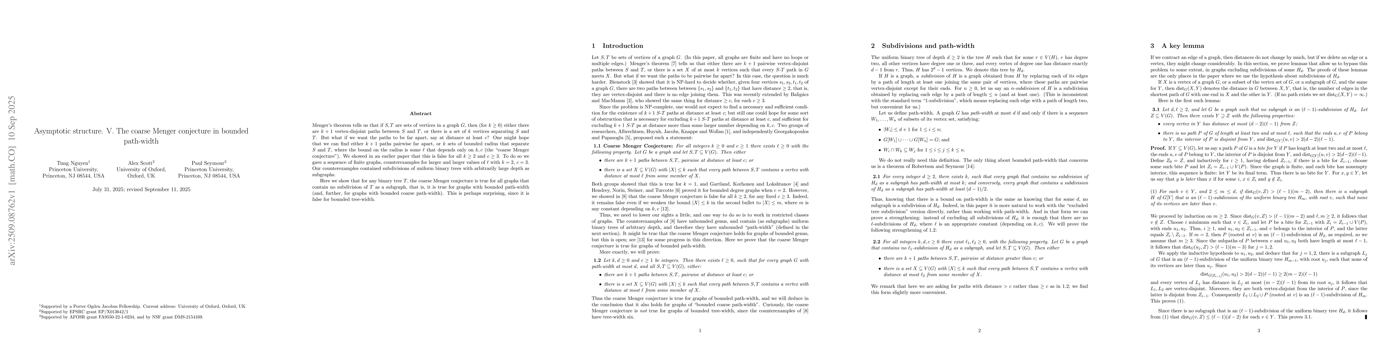Thumbnail for Asymptotic structure. V. The coarse Menger conjecture in bounded
  path-width
