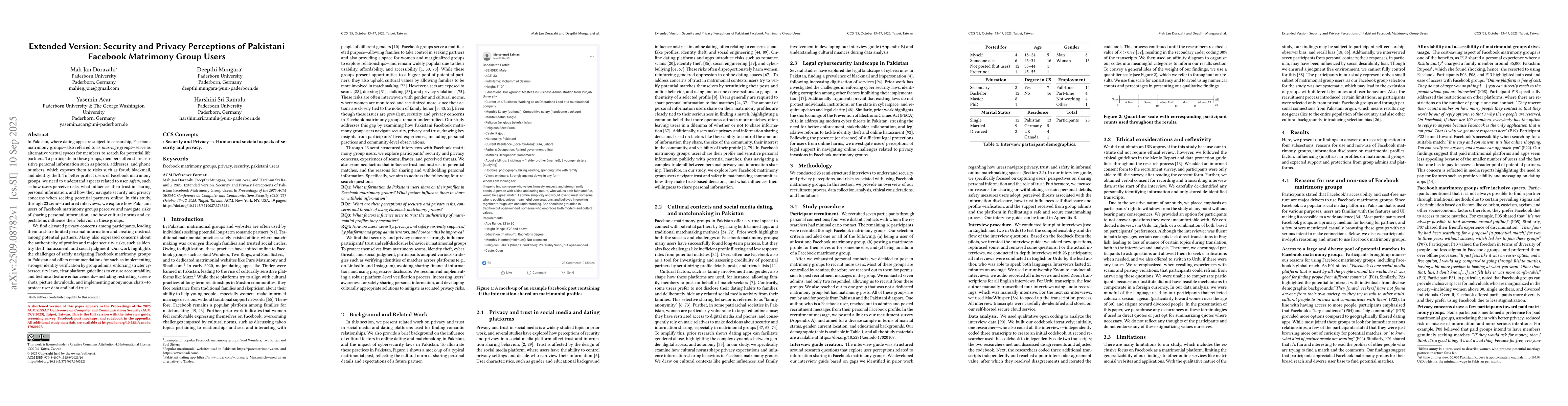 Thumbnail for Extended Version: Security and Privacy Perceptions of Pakistani Facebook
  Matrimony Group Users