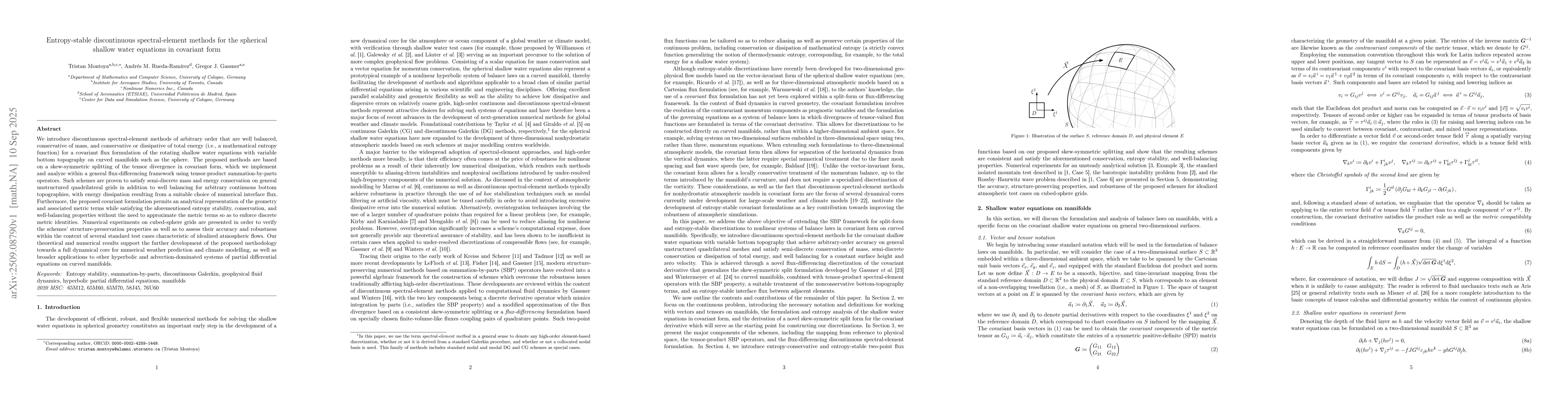 Thumbnail for Entropy-Stable Discontinuous Spectral-Element Methods for the Spherical
  Shallow Water Equations in Covariant Form