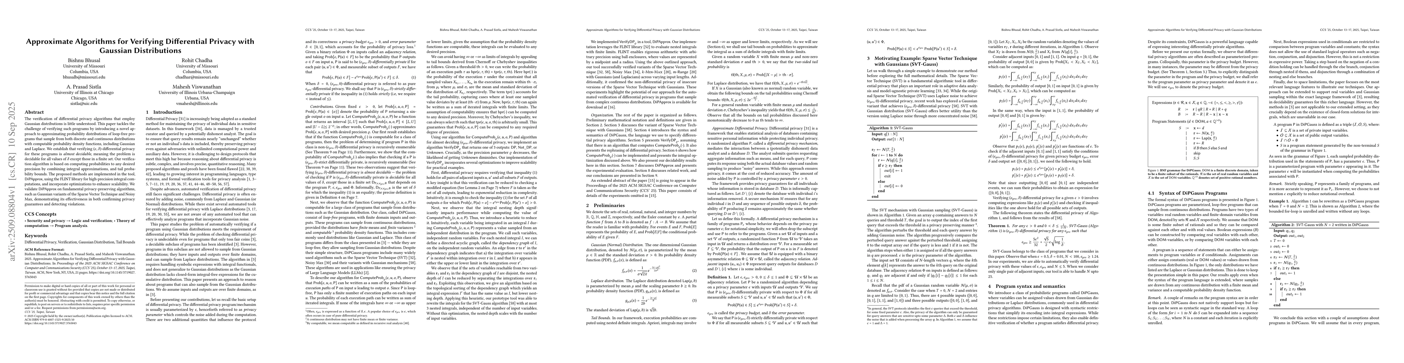 Thumbnail for Approximate Algorithms for Verifying Differential Privacy with Gaussian
  Distributions