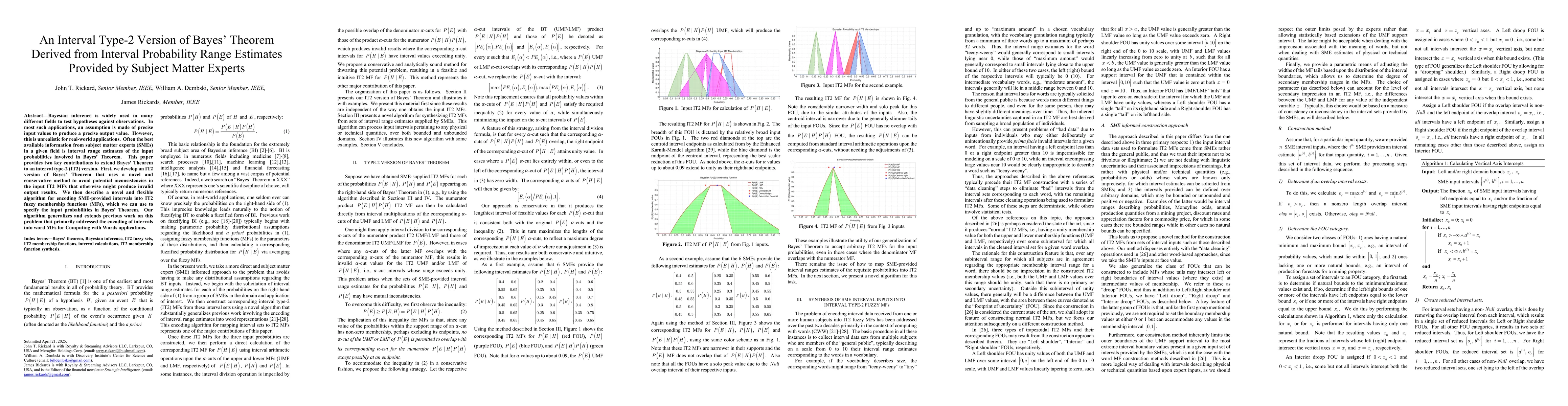 Thumbnail for An Interval Type-2 Version of Bayes Theorem Derived from Interval
  Probability Range Estimates Provided by Subject Matter Experts