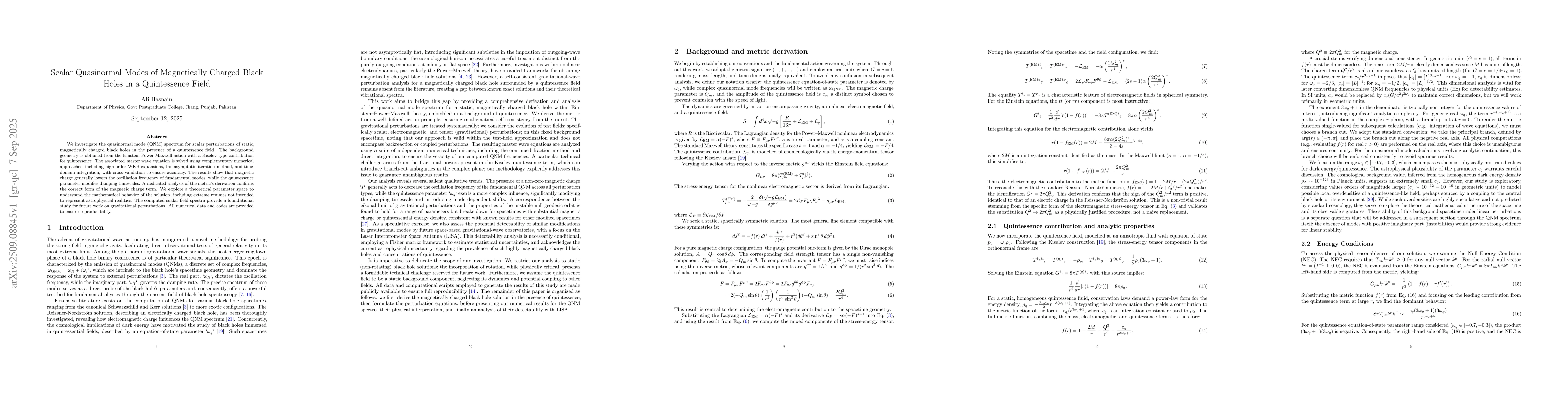 Thumbnail for Scalar quasinormal modes of magnetically charged black holes in a
  quintessence field