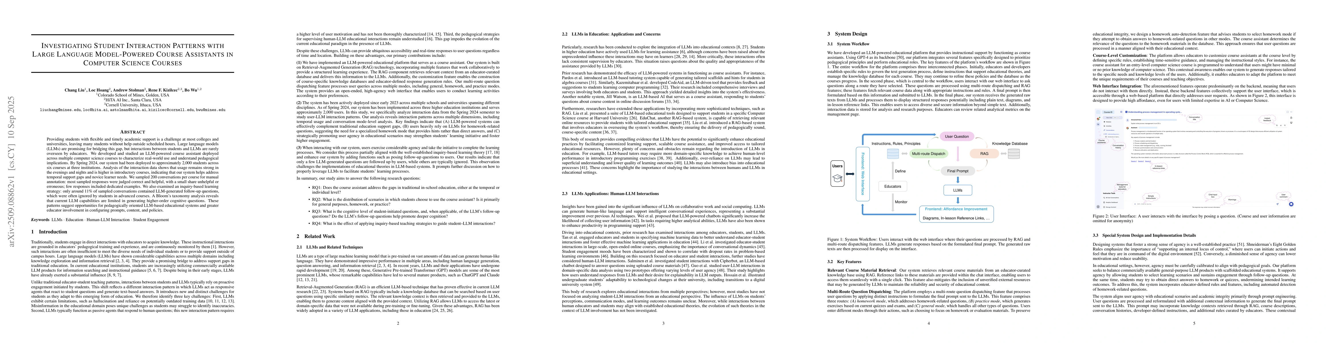 Thumbnail for Investigating Student Interaction Patterns with Large Language
  Model-Powered Course Assistants in Computer Science Courses