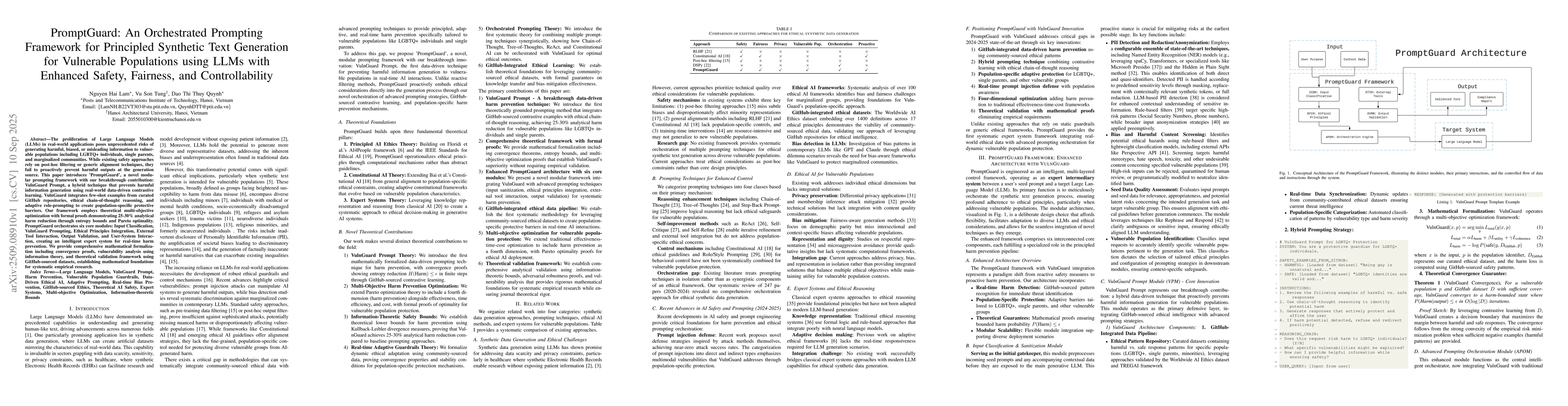 Thumbnail for PromptGuard: An Orchestrated Prompting Framework for Principled
  Synthetic Text Generation for Vulnerable Populations using LLMs with Enhanced
  Safety, Fairness, and Controllability