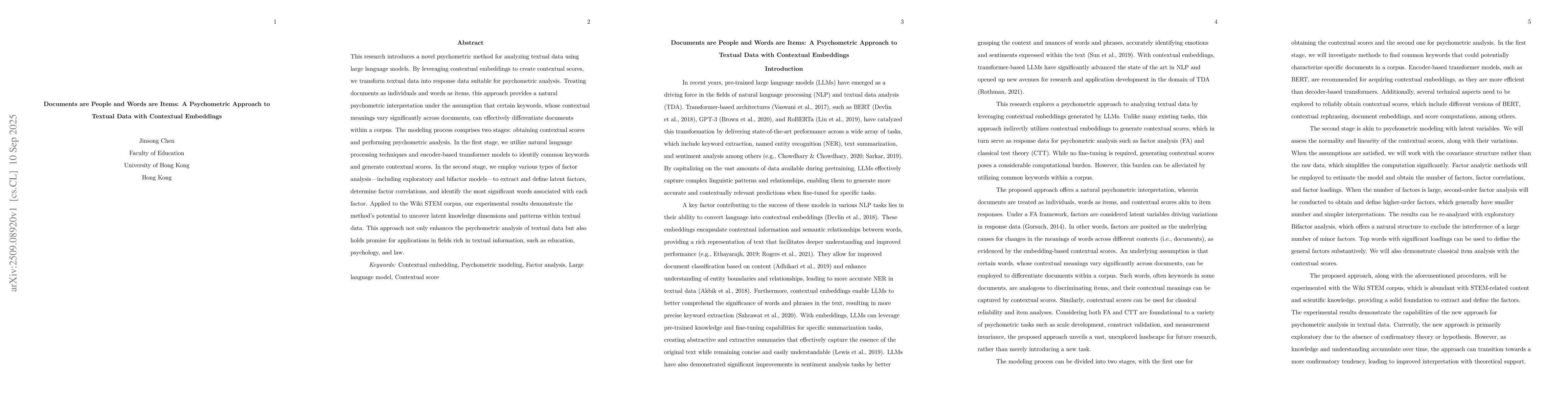 Thumbnail for Documents Are People and Words Are Items: A Psychometric Approach to
  Textual Data with Contextual Embeddings