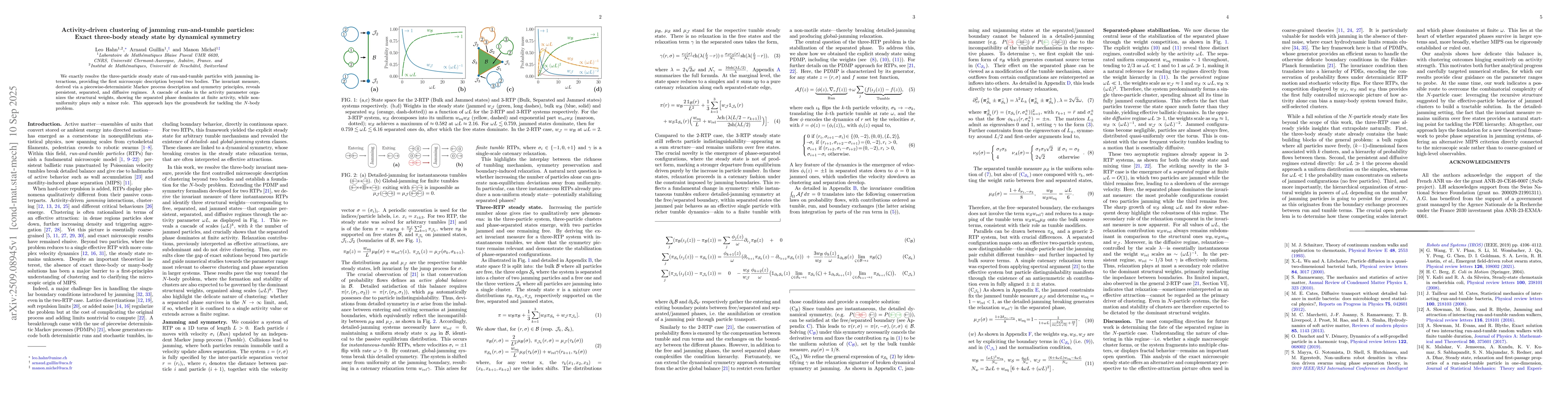 Thumbnail for Activity-driven clustering of jamming run-and-tumble particles: Exact
  three-body steady state by dynamical symmetry