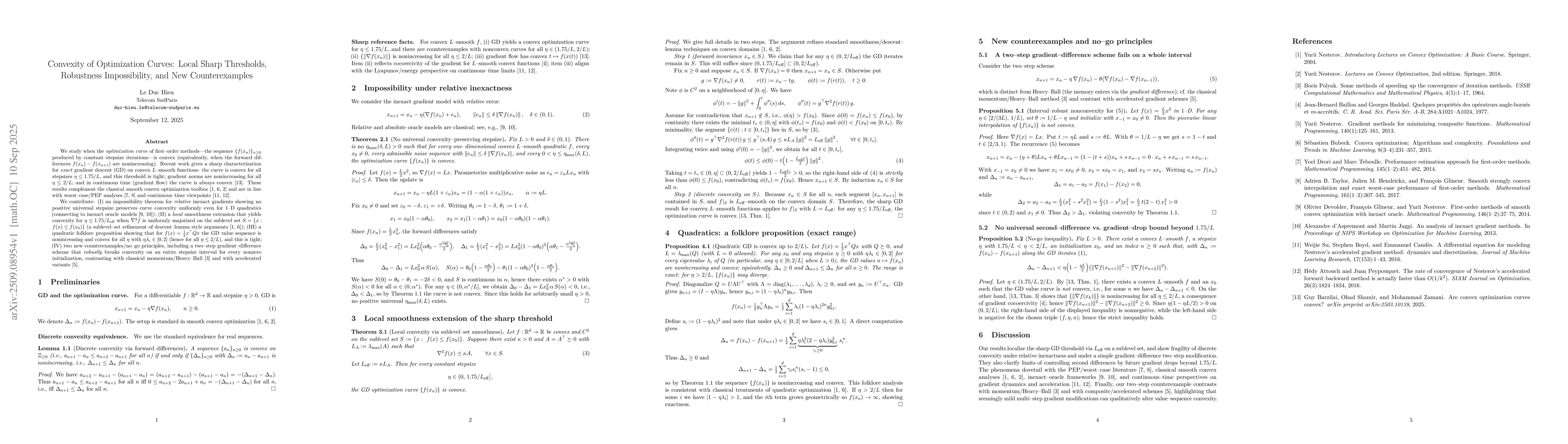 Thumbnail for Convexity of Optimization Curves: Local Sharp Thresholds, Robustness
  Impossibility, and New Counterexamples