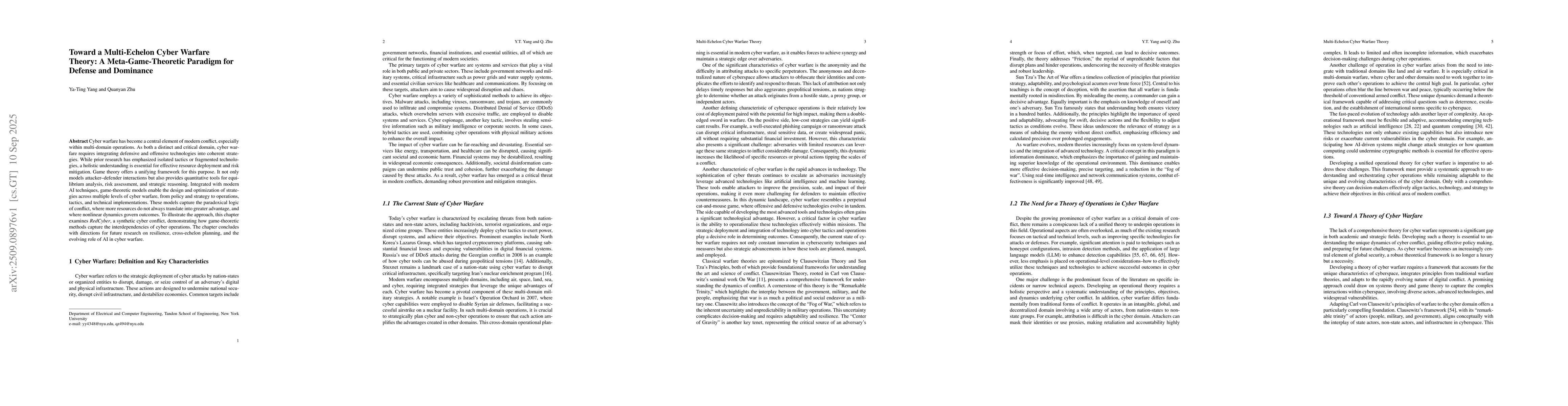 Thumbnail for Toward a Multi-Echelon Cyber Warfare Theory: A Meta-Game-Theoretic
  Paradigm for Defense and Dominance