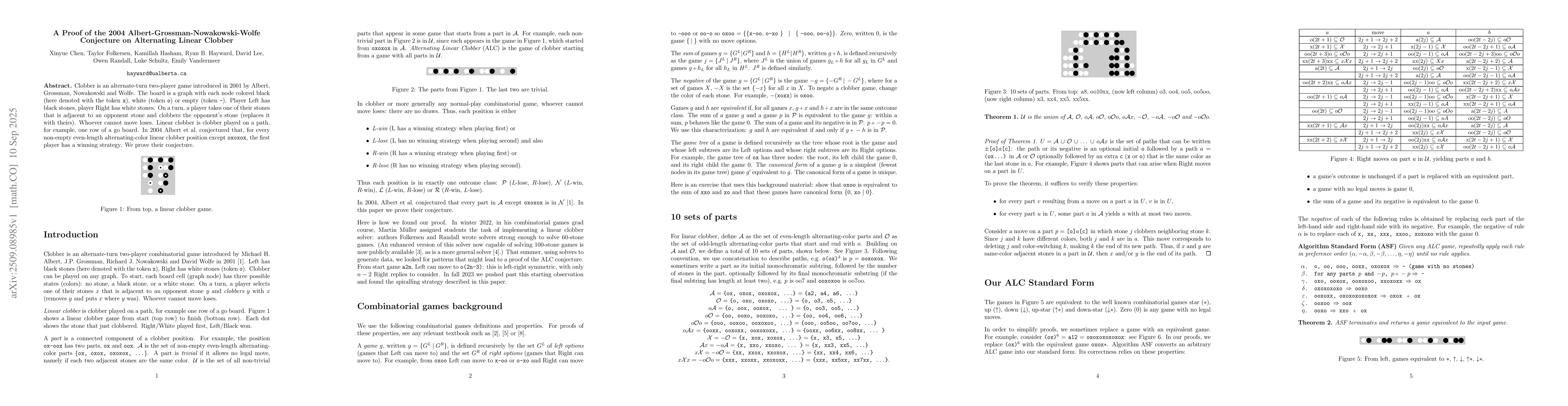 Thumbnail for A Proof of the 2004 Albert-Grossman-Nowakowski-Wolfe Conjecture on
  Alternating Linear Clobber