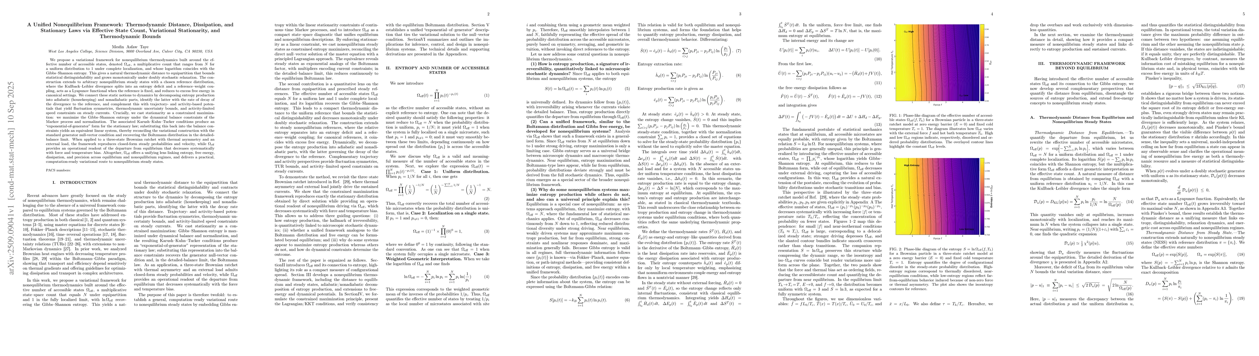 Thumbnail for A Unified Nonequilibrium Framework: Thermodynamic Distance, Dissipation,
  and Stationary Laws via Effective State Count, Variational Stationarity, and
  Thermodynamic Bounds