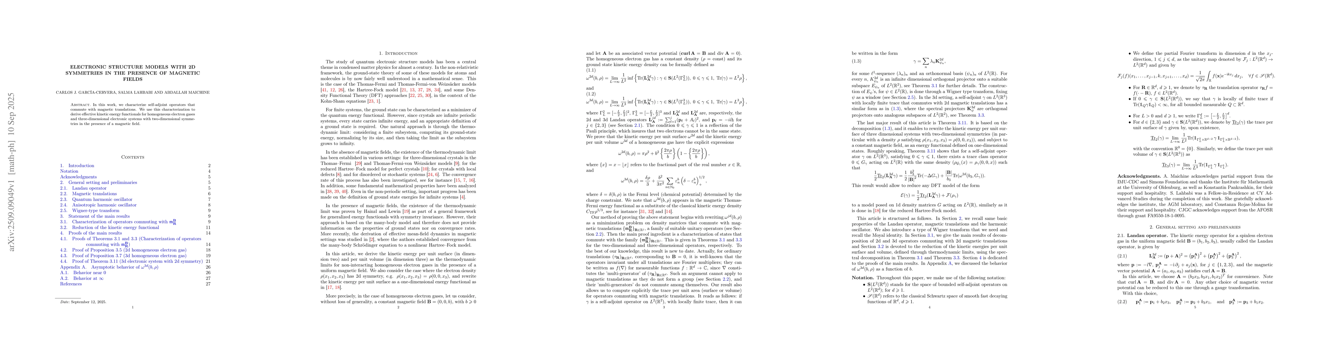 Thumbnail for Electronic structure models with 2D symmetries in the presence of
  magnetic fields