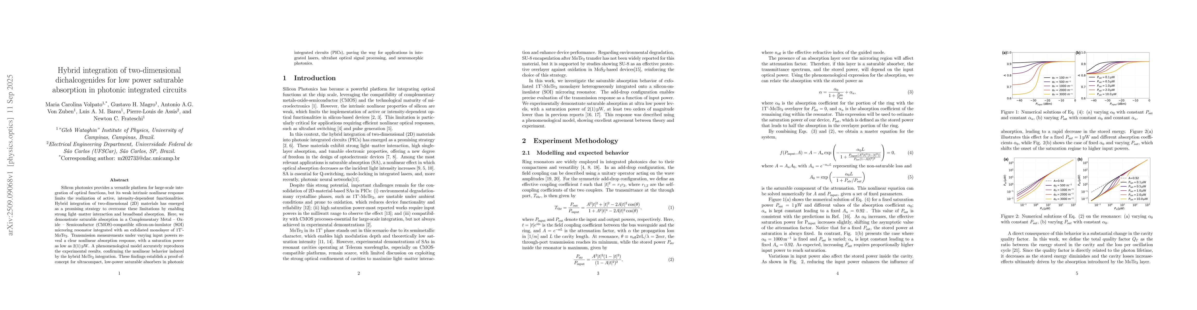 Thumbnail for Hybrid integration of two-dimensional dichalcogenides for low power
  saturable absorption in photonic integrated circuits