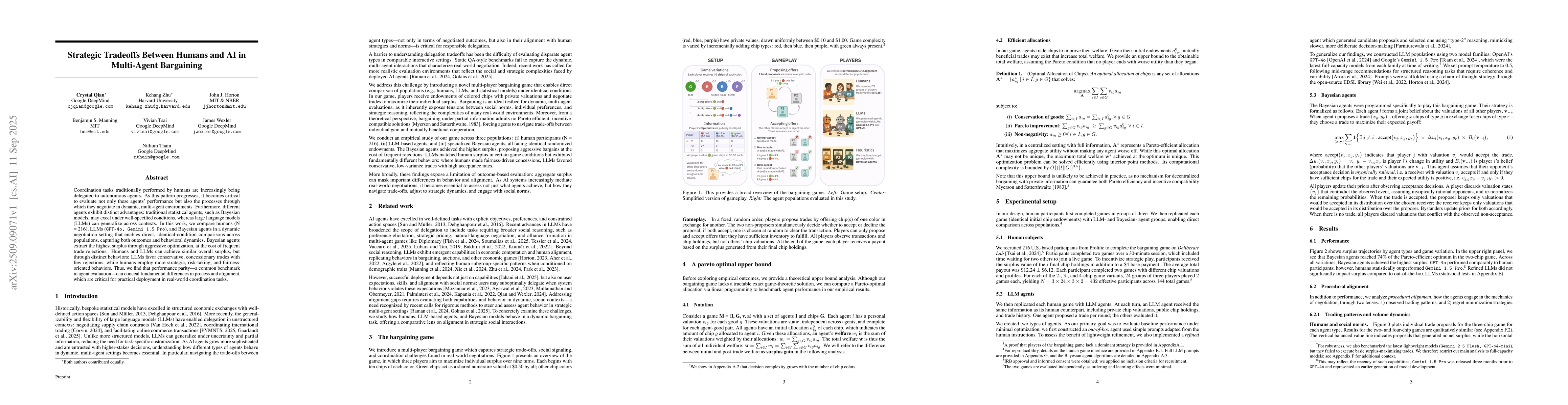 Thumbnail for Understanding Economic Tradeoffs Between Human and AI Agents in
  Bargaining Games
