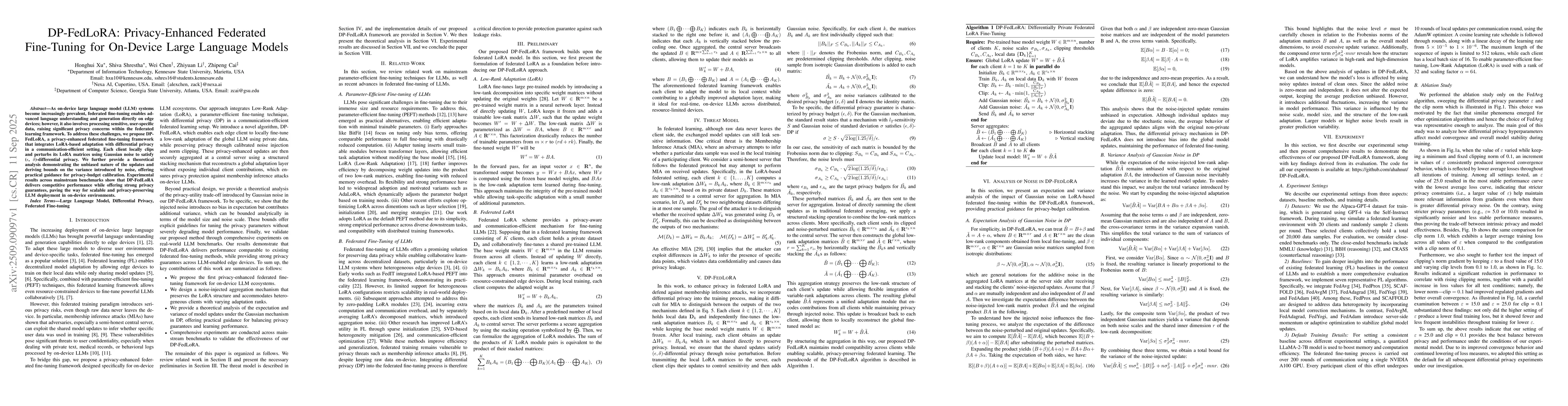 Thumbnail for DP-FedLoRA: Privacy-Enhanced Federated Fine-Tuning for On-Device Large
  Language Models