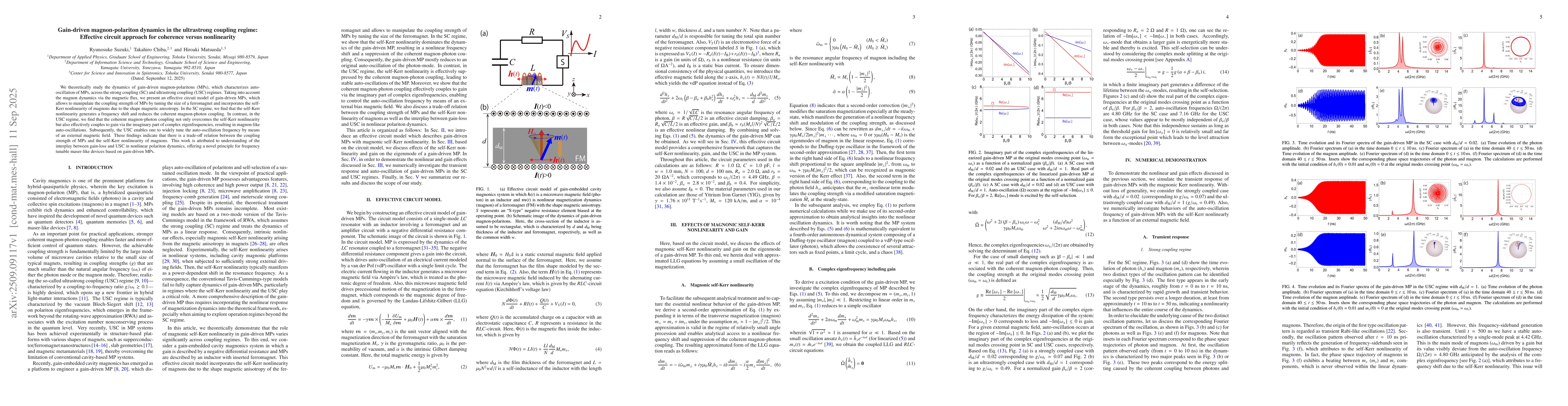 Thumbnail for Gain-driven magnon-polariton dynamics in the ultrastrong coupling
  regime: Effective circuit approach for coherence versus nonlinearity