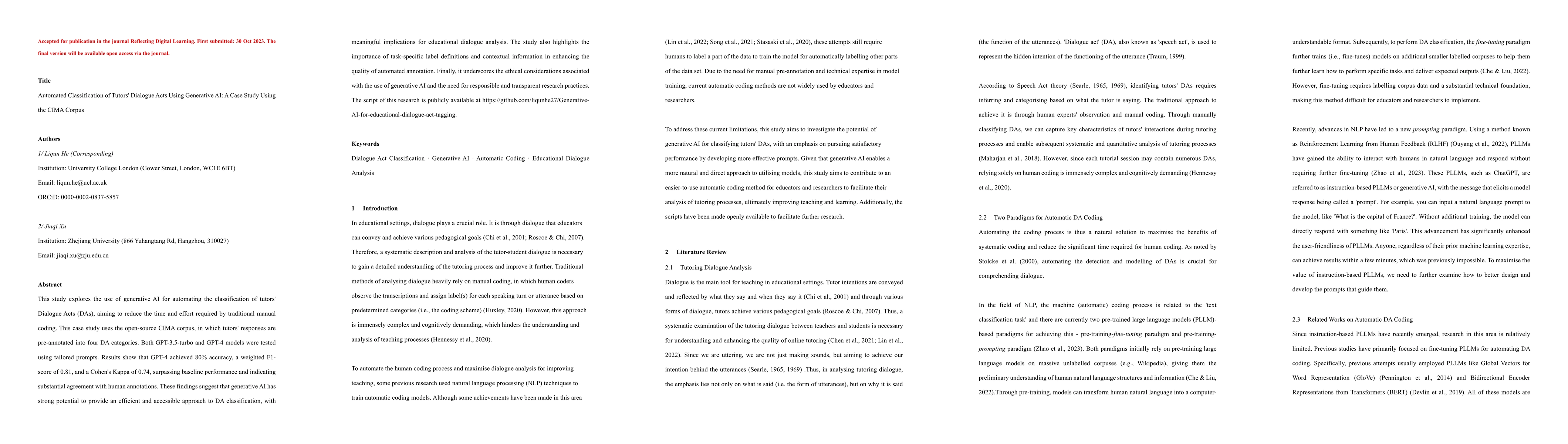 Thumbnail for Automated Classification of Tutors' Dialogue Acts Using Generative AI: A
  Case Study Using the CIMA Corpus